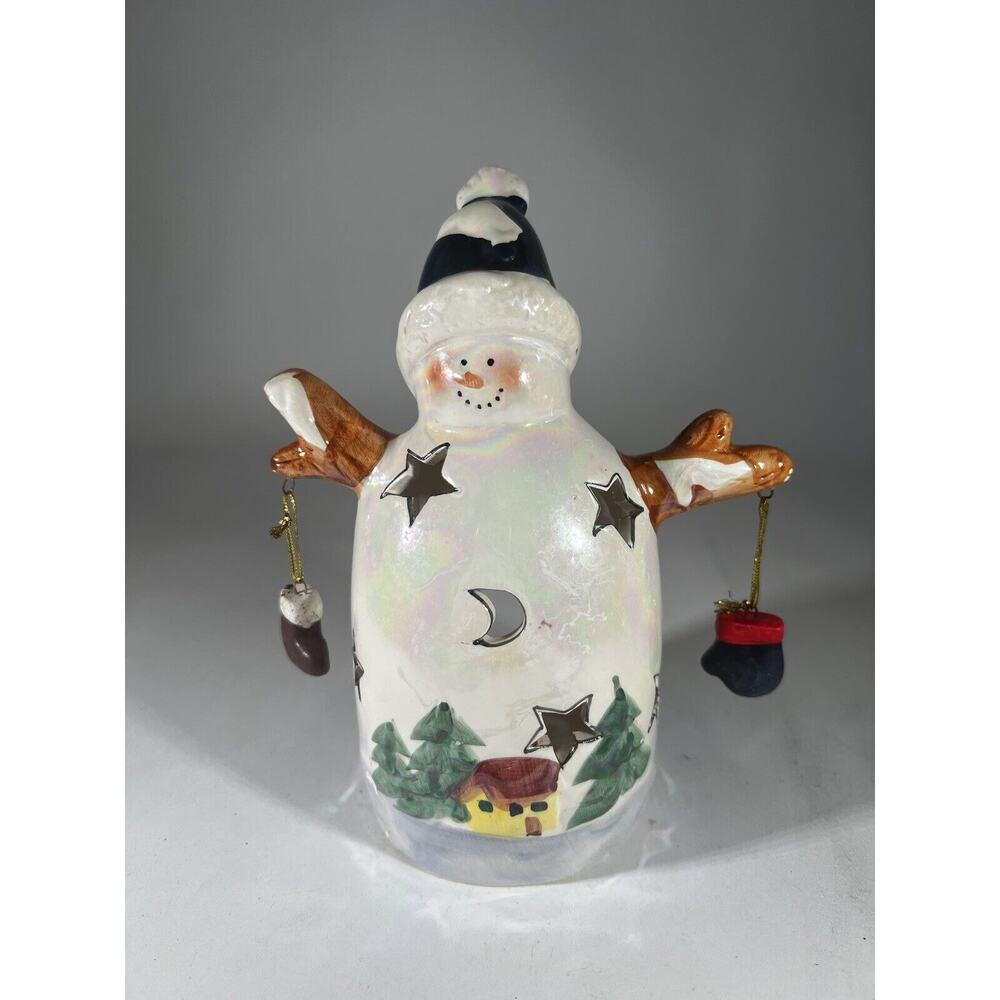 Vintage Christmas Snowman Ceramic Tea light Holder Mittens Stars Moon Whimsical
